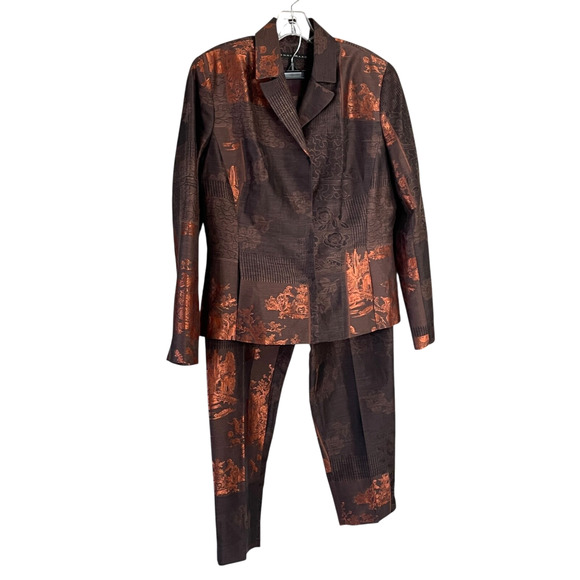 JENNE MAAG Women's Size Large Brown Copper Linen Silk Snap Front Lined Pant Suit - Picture 8 of 10